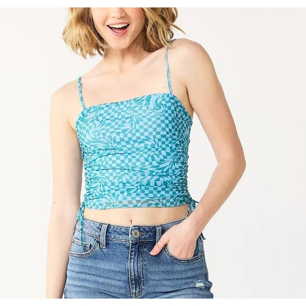 Juniors' XL Side Cinched Cropped Print Cami SO Blue Check